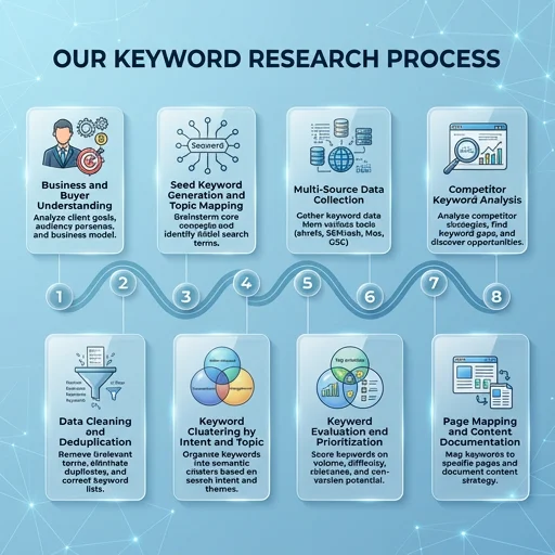 Techpullers keyword research — 8-step workflow from business understanding to page mapping