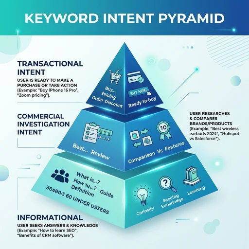 Search intent pyramid — informational, commercial, and transactional keyword grouping