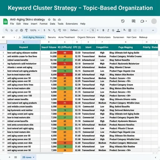 Keyword clustering in Excel — organized topic clusters with search volume and difficulty metrics