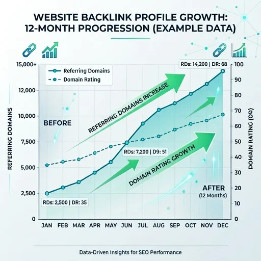 Backlink profile and referring domains growth chart showing steady authority building over 12 months