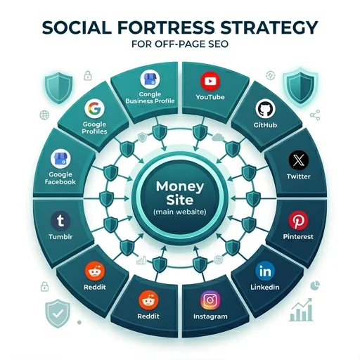 Social fortress diagram showing branded profiles on high-authority platforms surrounding and linking to the main money site