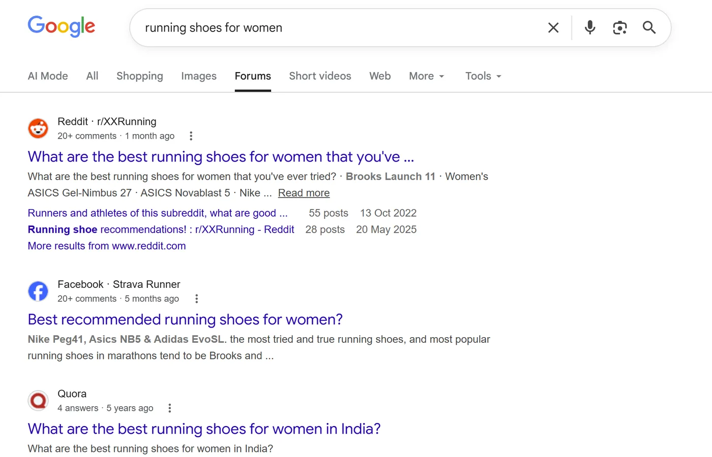 Google Forums results for running shoes for women, showing Reddit, Facebook and Quora threads