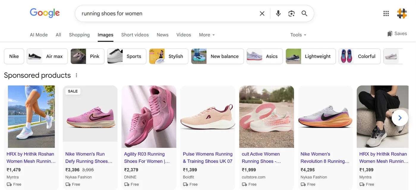 Google Images results for running shoes for women with sponsored product listings