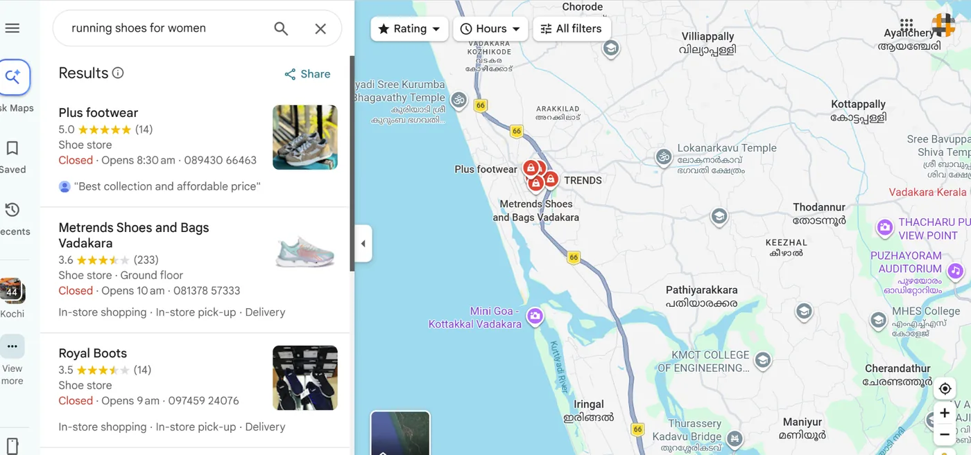 Google Maps local pack results for running shoes for women showing nearby shoe stores