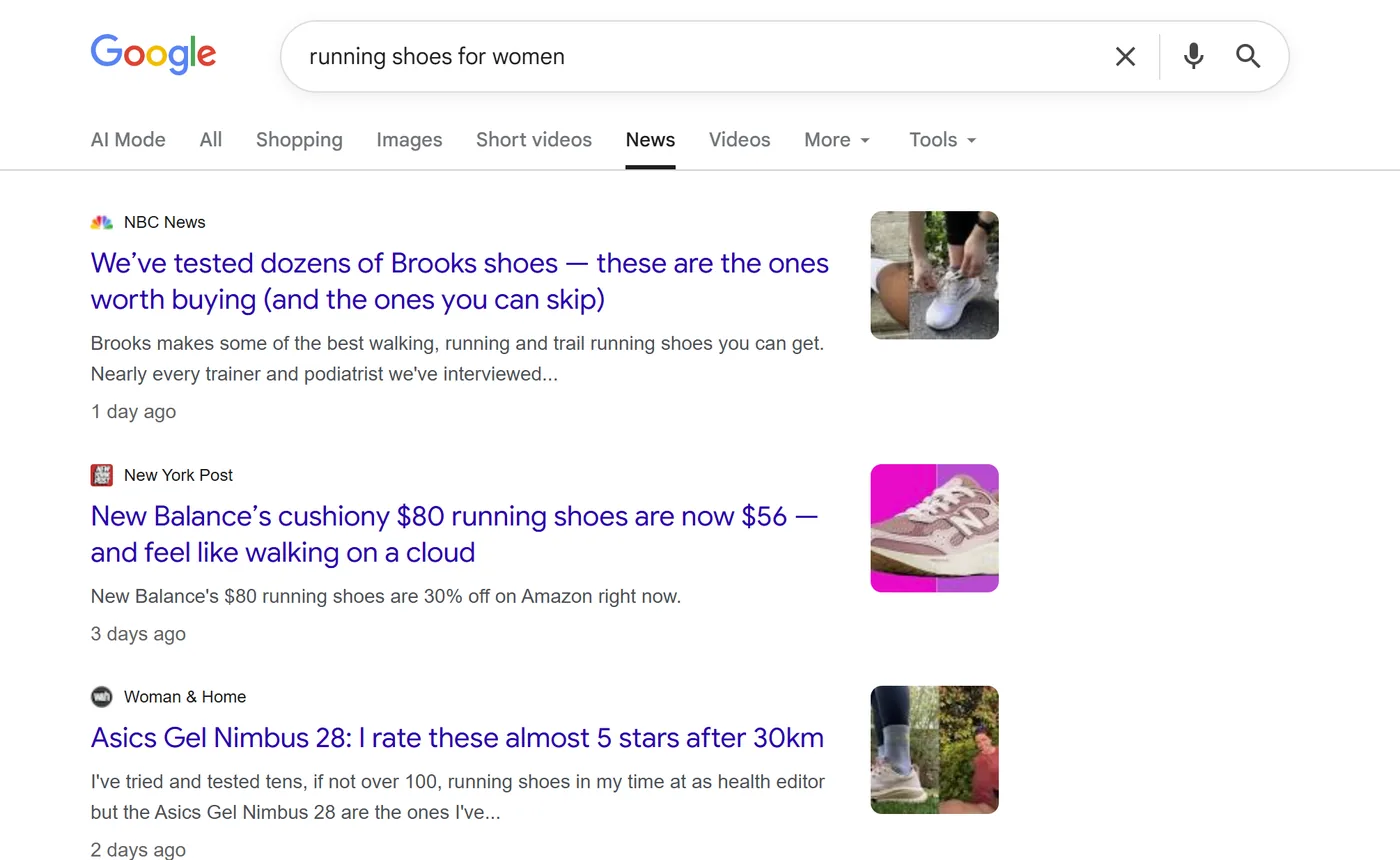 Google News results for running shoes for women from NBC News, New York Post and Woman and Home