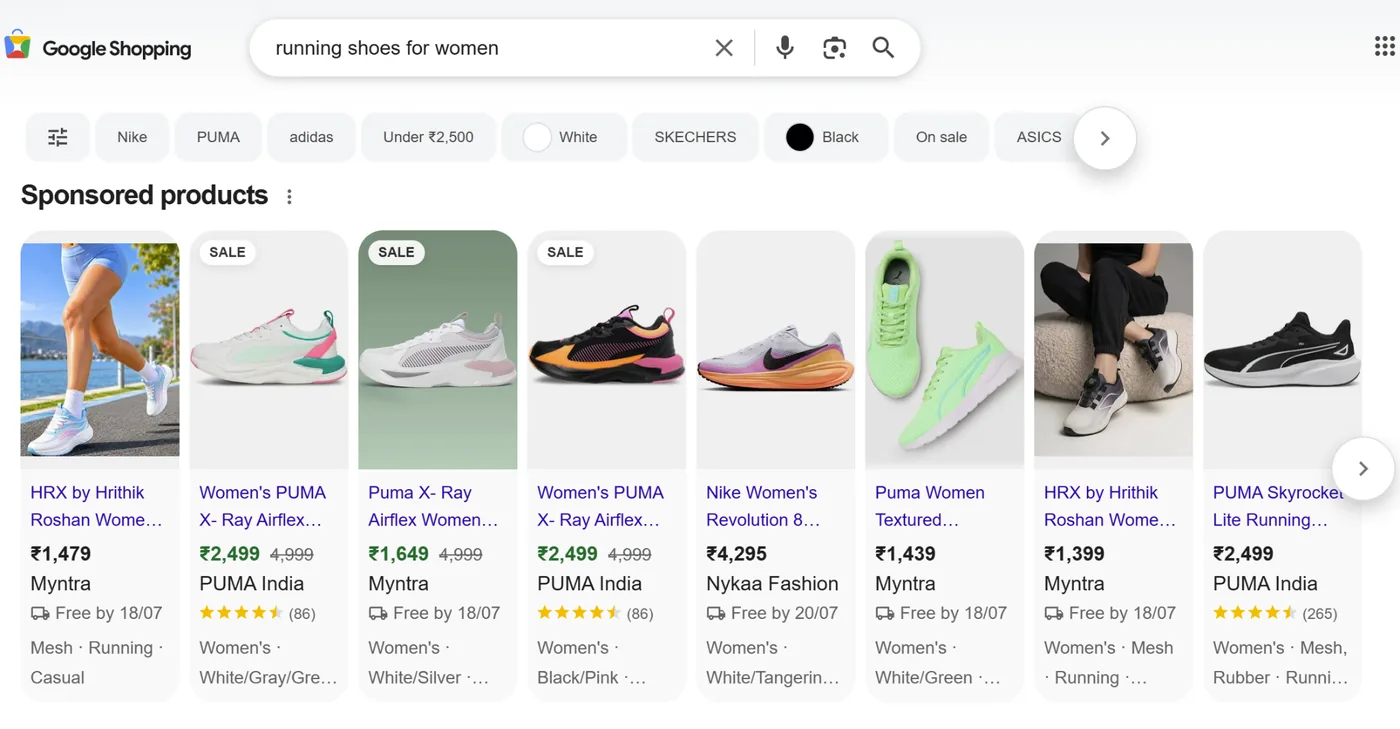 Google Shopping results for running shoes for women with product cards and prices