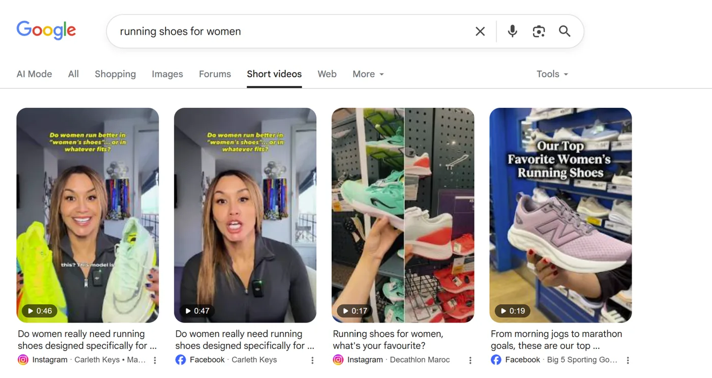 Google Short videos results for the search running shoes for women, showing Instagram and Facebook reels