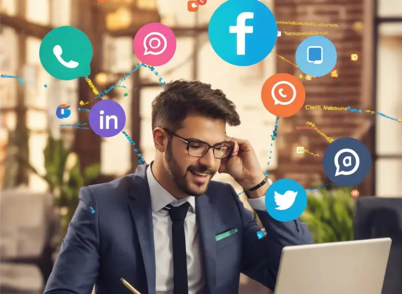 A man in a suit working on a laptop with social media icons floating around him, representing full-spectrum social media marketing solutions provided by Techpullers.