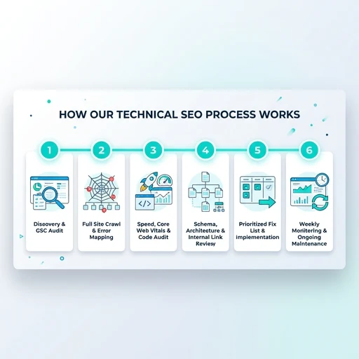 Techpullers technical SEO audit process — 6 step workflow from discovery to ongoing monitoring