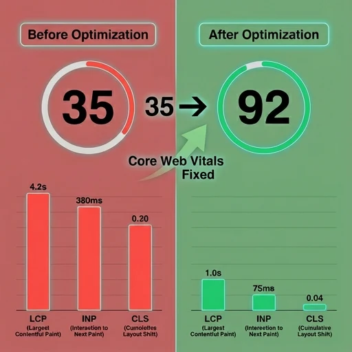 Page speed optimization results showing score improvement from 35 to 92