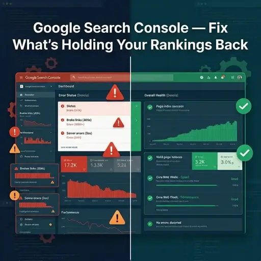 Split view: Google Search Console with crawl errors and warnings versus clean green indexing health after technical SEO fixes