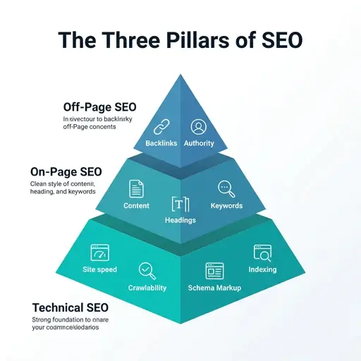 Three pillars of SEO infographic showing technical SEO as the foundation