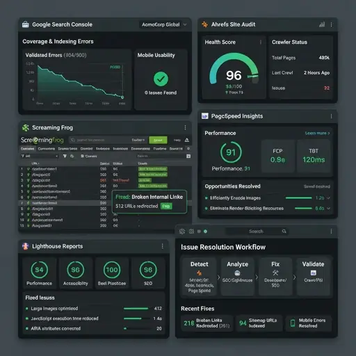 Technical SEO monitoring tools — Google Search Console and Ahrefs Site Audit dashboards