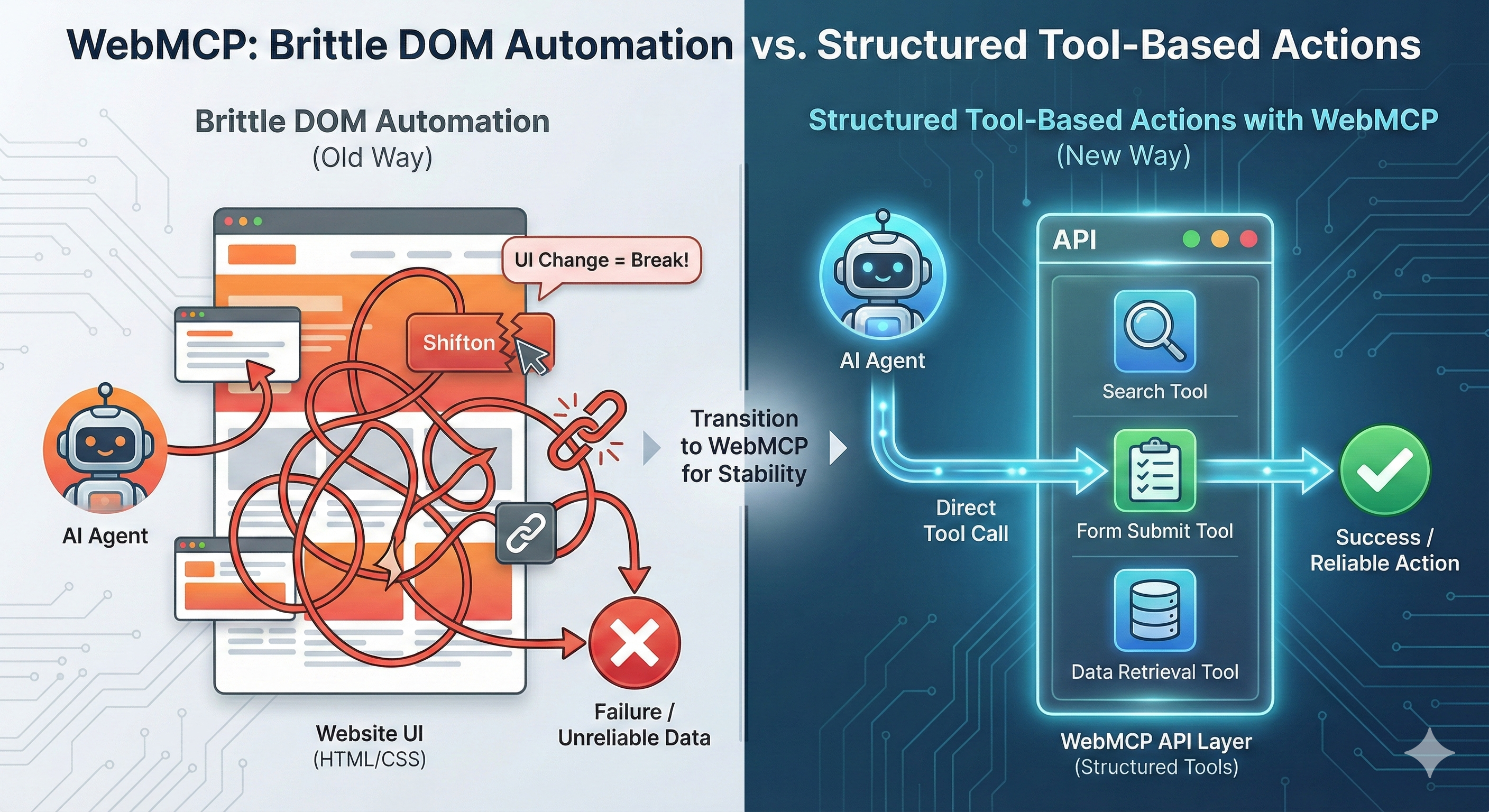 Flow showing brittle DOM automation compared to structured tool-based actions with WebMCP