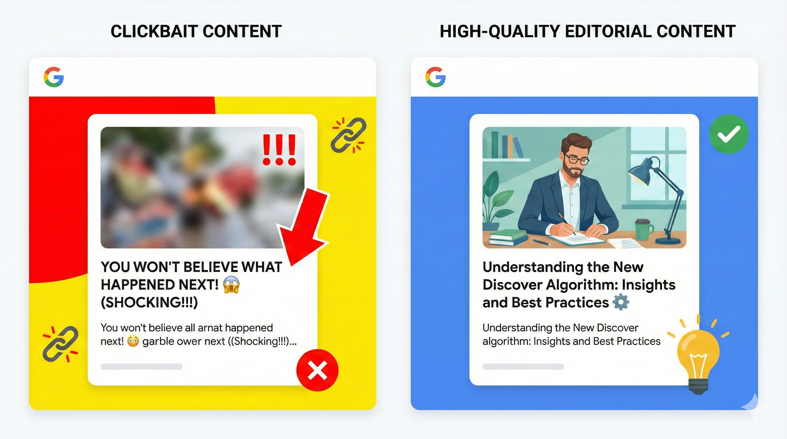 Clickbait content versus high-quality editorial content in Google Discover