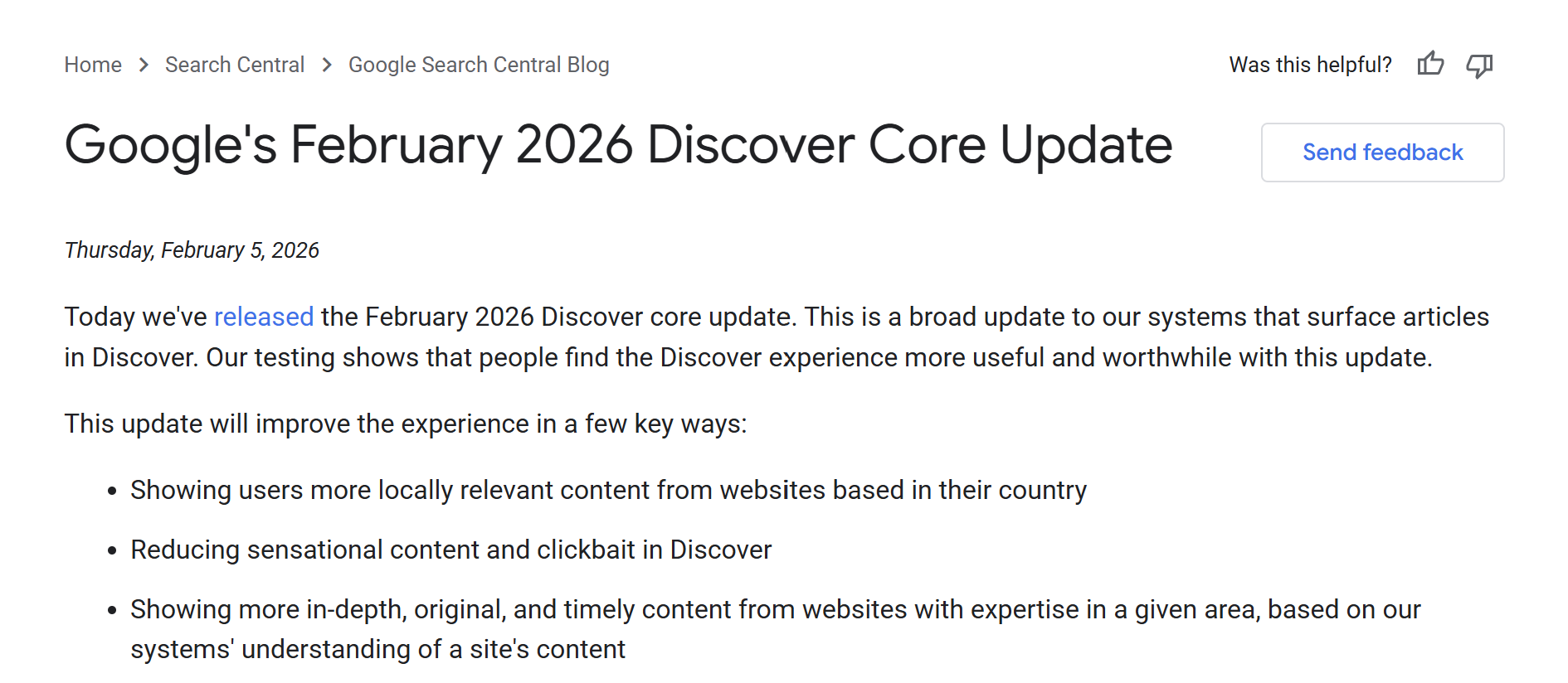 Google Search Central blog post announcing the February 2026 Discover core update