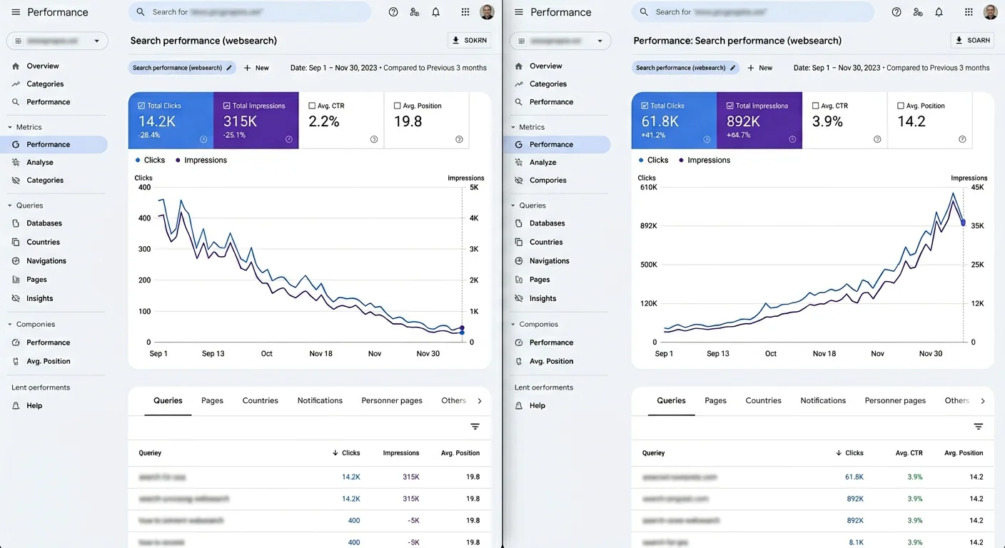 Google Search Console performance comparison - site losing traffic vs site gaining traffic after spam update
