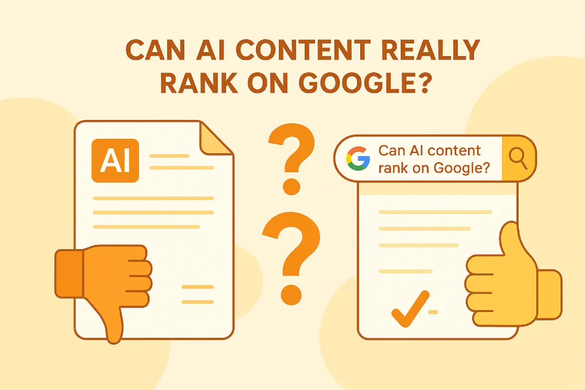 Illustration comparing AI-generated content vs Google-ready content with the question ‘Can AI content really rank on Google?