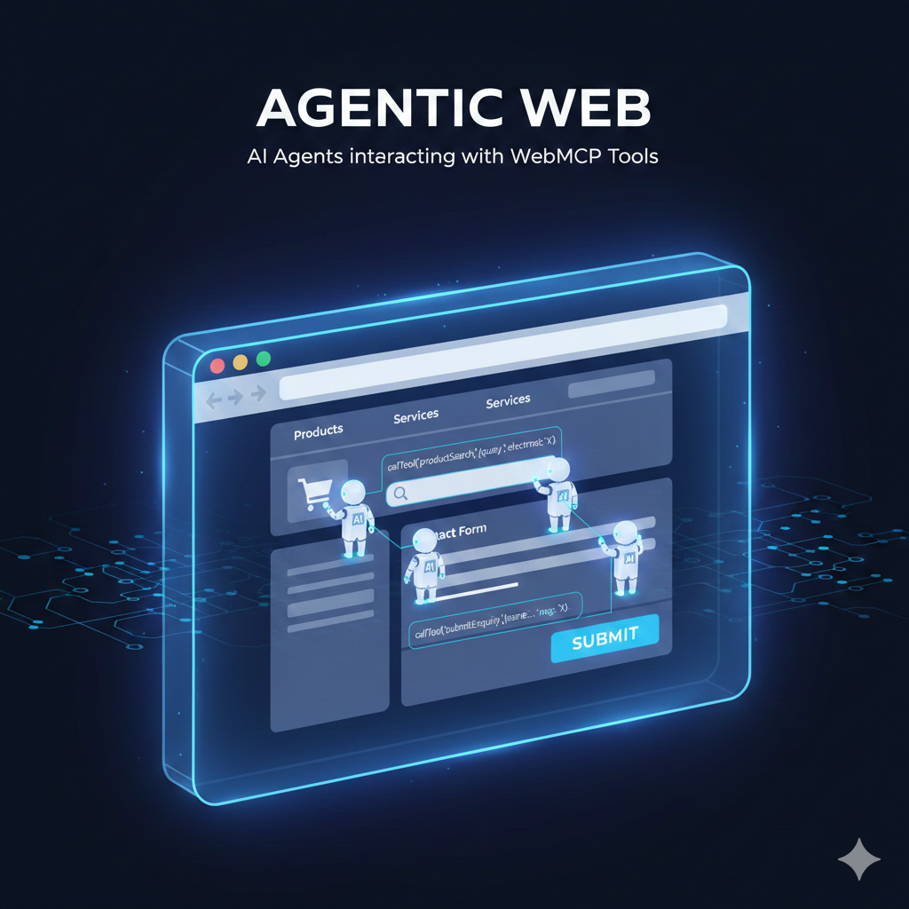 WebMCP concept illustration showing AI agents interacting with website tools inside a browser