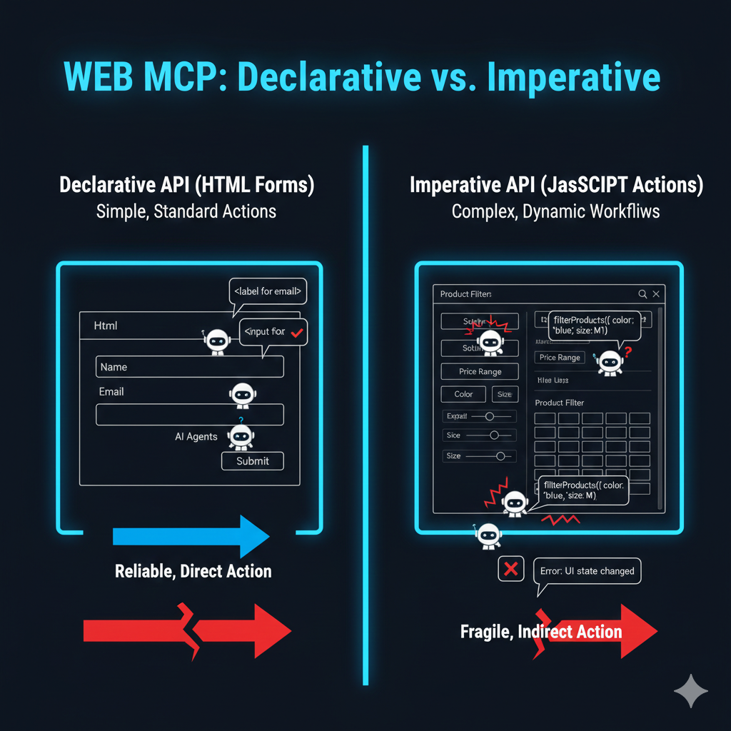 Diagram comparing WebMCP Declarative API for HTML forms versus Imperative API for JavaScript actions