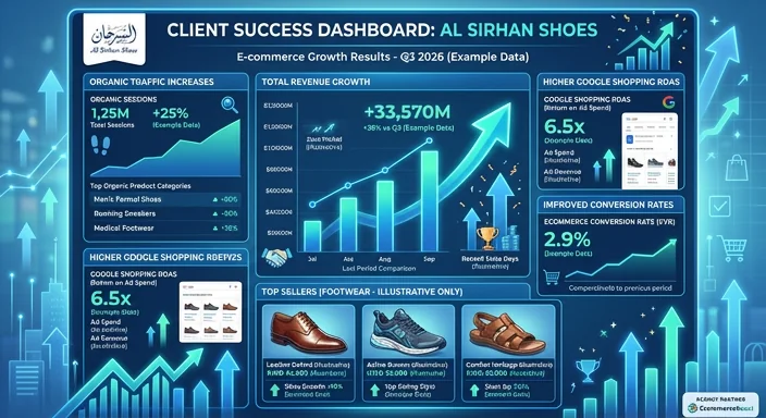 Ecommerce client results dashboard — Al Sirhan Shoes Kuwait, Smartix and Crystal Gallery Google Shopping ROAS, organic product-category rankings and revenue attribution by channel