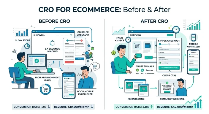 Conversion rate optimisation for ecommerce — checkout flow analysis, product page optimisation, mobile experience, page speed and trust signals