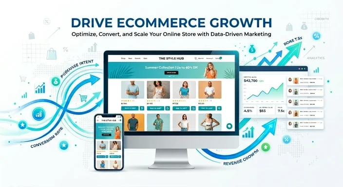 Digital marketing for ecommerce — modern online store dashboard with Google Shopping ads, ROAS revenue charts, product catalogue and add-to-cart conversion funnel