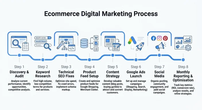 Techpullers ecommerce digital marketing process — 8-step workflow from discovery and keyword research through product feed setup, Google Ads launch and monthly ROAS reporting