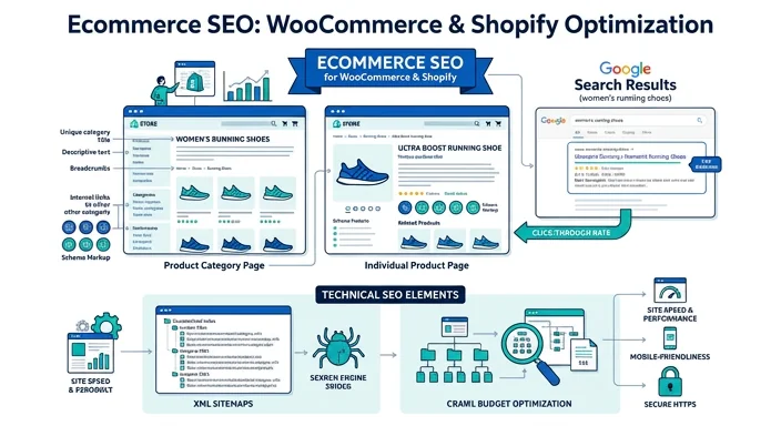 SEO for ecommerce websites — product-category keyword targeting, product page optimisation, technical SEO for large catalogues, site architecture and competitor keyword gap analysis