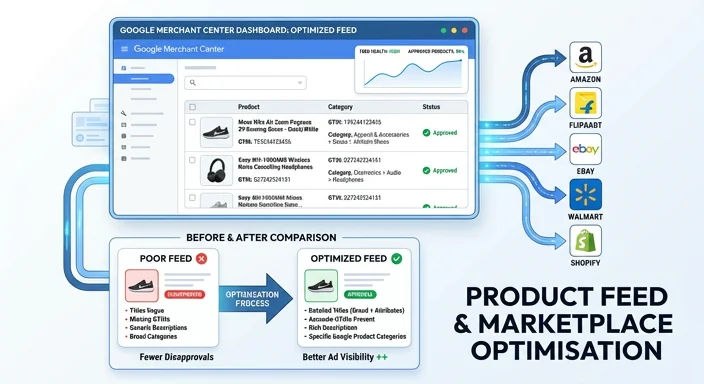 Product feed and marketplace optimisation — Google Merchant Centre feed structure, product data cleanup, feed error resolution and multi-channel feed management
