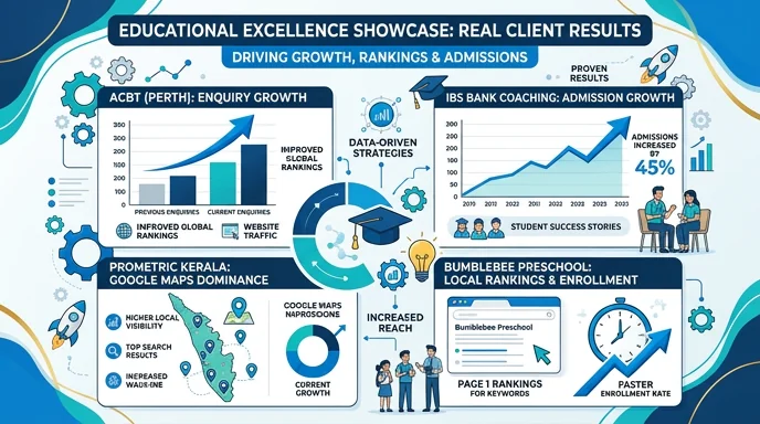 Education client results dashboard — ACBT, IBS, Prometric Kerala, ImmiAid, Abate AS, BIM Cafe and Bumblebee rankings, map-pack positions and enrolment-intent traffic