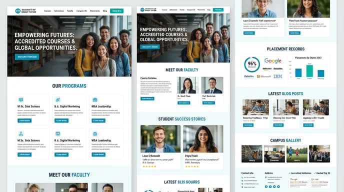 Content marketing for education — course pages, faculty profiles, student success stories, blog posts and schema-marked FAQ content that builds trust
