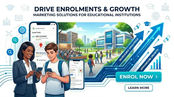 Digital marketing for educational institutions — students and parents researching schools, colleges and coaching centres on Google with map pack, reviews and campus video results