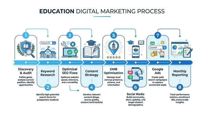 Techpullers education digital marketing process — 8-step workflow from discovery and keyword research through to monthly reporting and optimisation