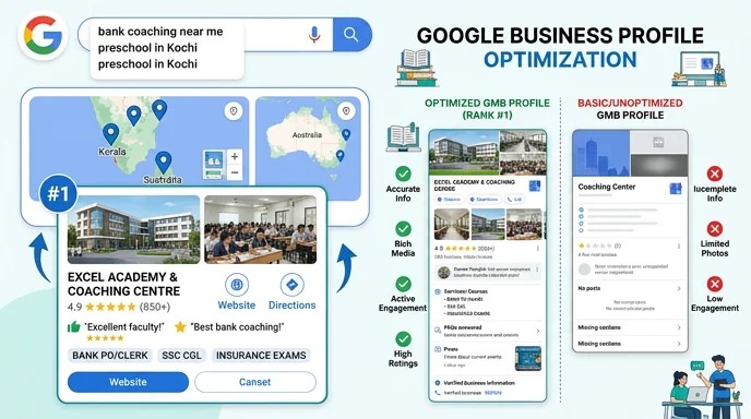 Google Business Profile optimisation for education — map pack rankings, regular posts, campus photos, review generation and Q&A management