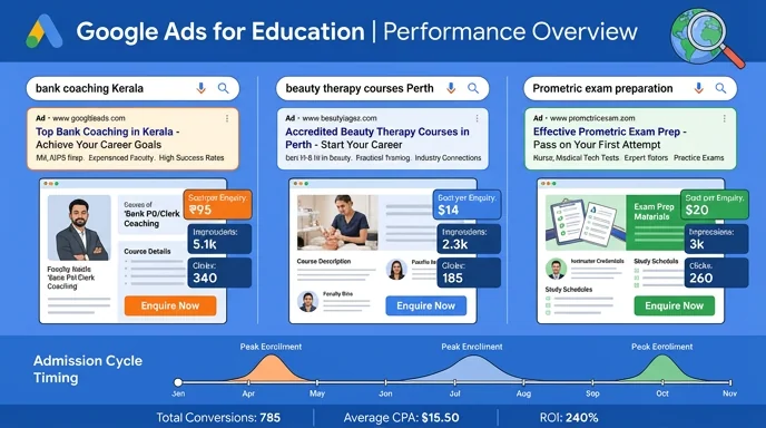 Google Ads for education — admission-cycle campaigns, course-specific landing pages, location-based targeting and cost-per-enquiry/enrolment tracking