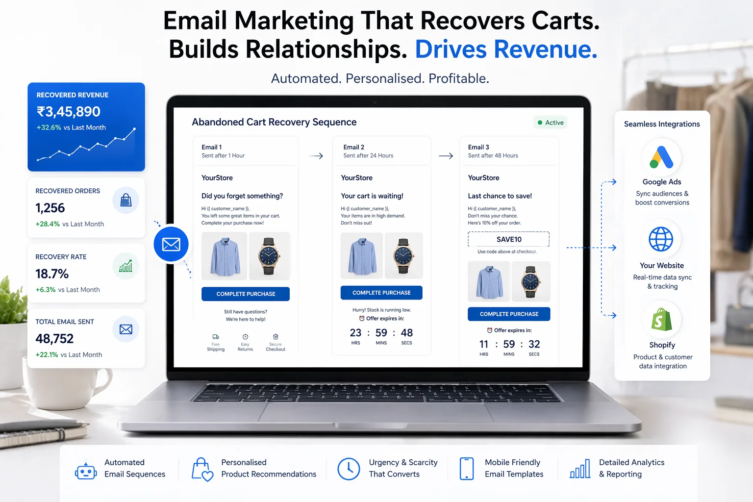 Email marketing services stack — strategy audit, campaign setup, automation drip sequences, newsletter management, promotional campaigns and reporting analytics