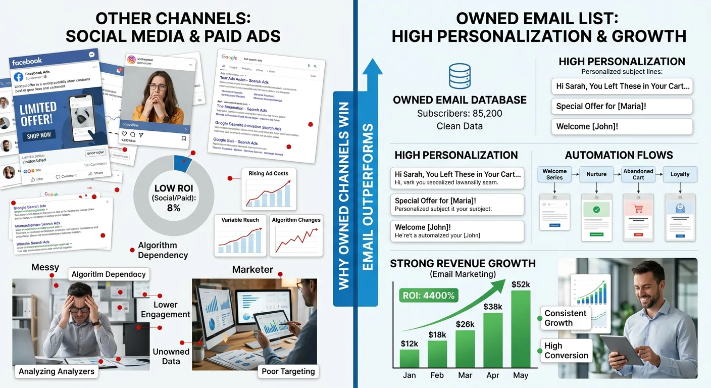 Email marketing vs other channels — owned audience list, personalisation at scale, repeat business, channel amplification and highest digital ROI
