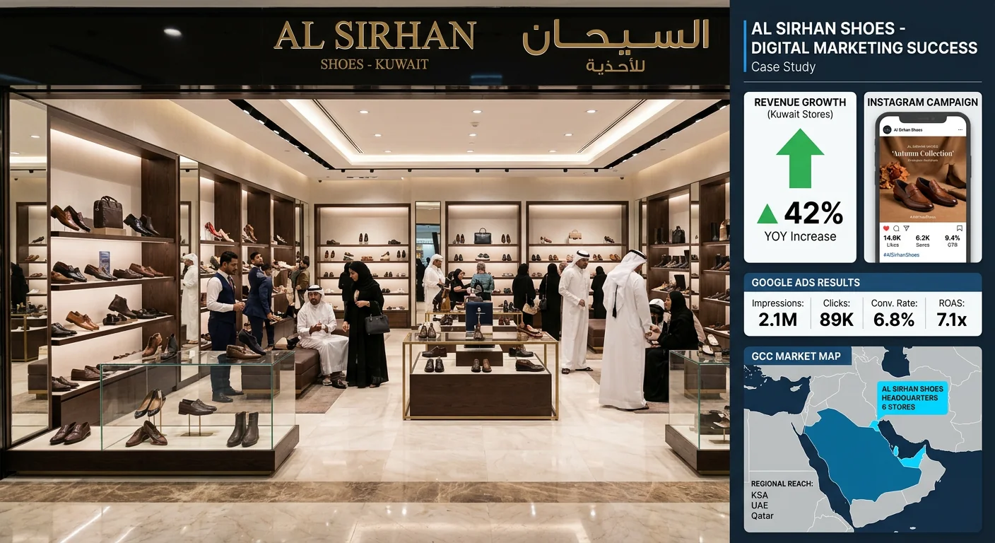 Al Sirhan Shoes Kuwait fashion marketing results — 22-store footwear retailer dashboard showing Google Ads ROAS, social engagement and ecommerce revenue growth across the GCC