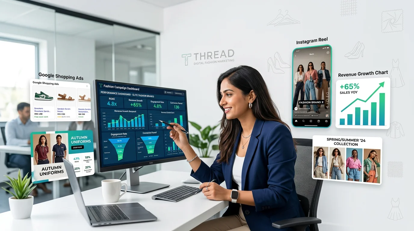 Digital marketing for fashion brands — modern fashion ecommerce storefront with Instagram shoppable posts, Google Shopping ROAS dashboard, seasonal collection and product catalogue