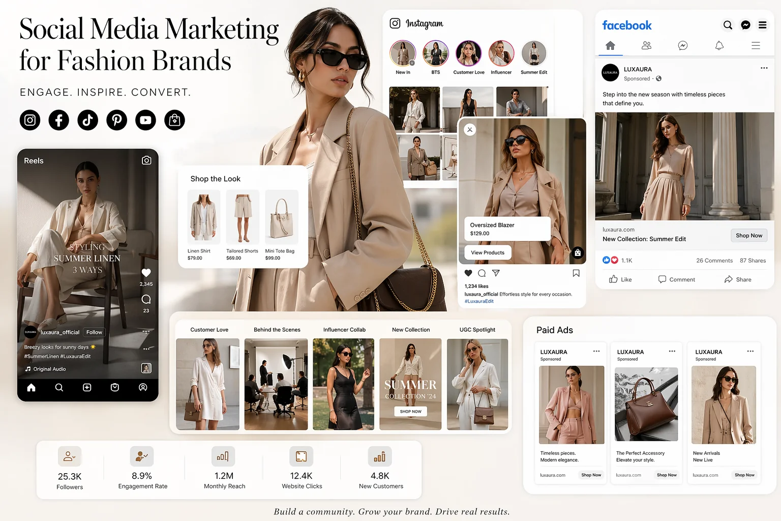 Fashion digital marketing 8-step process — audit, keyword research, technical SEO, product feed setup, content strategy, social media, Google Ads launch and monthly ROAS reporting