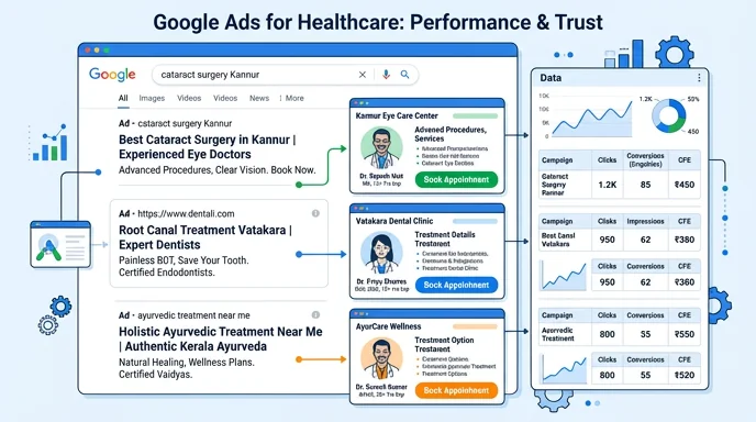 Google Ads for healthcare — location-based and treatment-specific campaigns with policy-compliant copy, conversion tracking and cost-per-enquiry optimisation