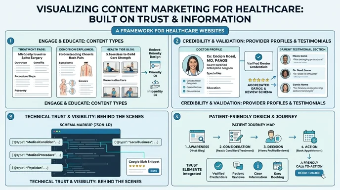 Content marketing for healthcare — treatment pages, condition pages, doctor profiles, blog posts and schema-marked FAQ content reviewed for clinical accuracy