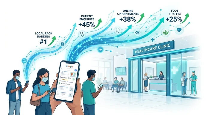 Digital marketing for healthcare — patients searching for hospitals, dental clinics, eye care centres and ayurveda practices on Google with map pack, reviews and appointment bookings