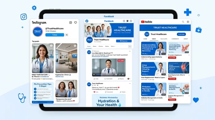 Social media marketing for healthcare — Instagram, Facebook, YouTube and GMB doctor videos, clinic walkthroughs, patient testimonials and health awareness posts