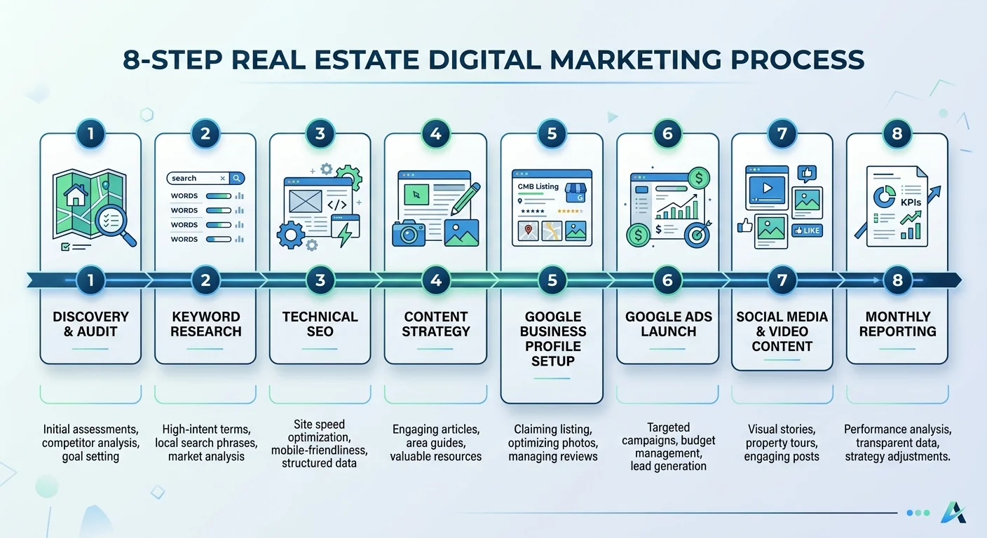Real estate digital marketing 8-step process — audit, keyword research, technical SEO, content strategy, GMB setup, Google Ads launch, social media and monthly reporting
