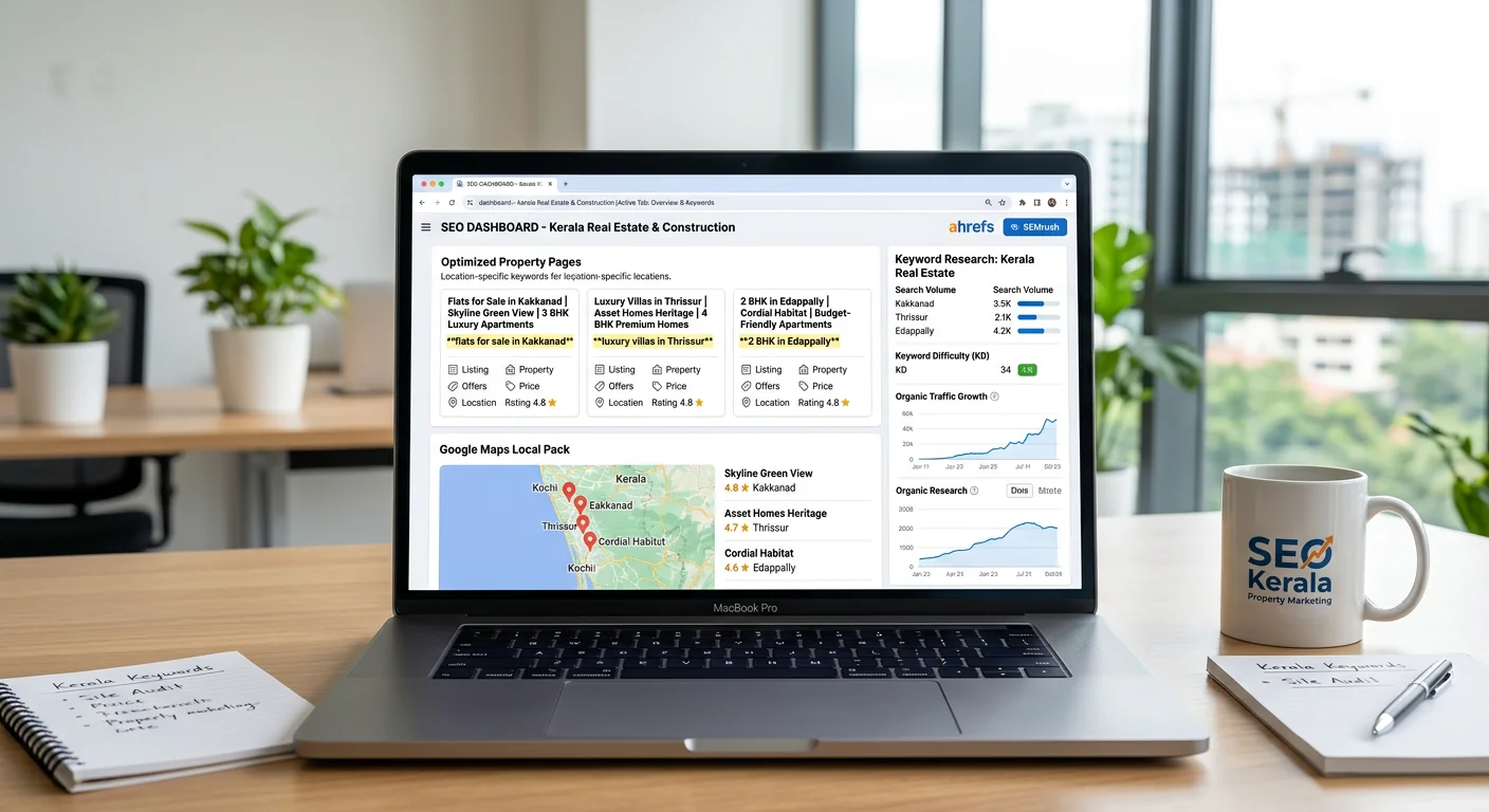 Real estate digital marketing services stack — SEO for builders, Google Ads for property searches, Google Business Profile, social media, content marketing and lead tracking