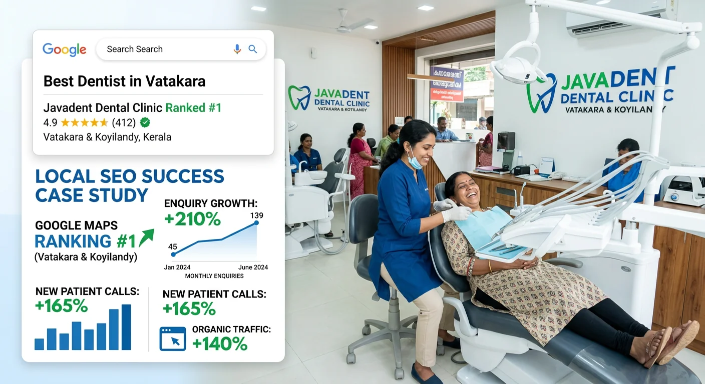 Javadent Dental Clinic small business marketing results — two-branch dental clinic in Vatakara and Koyilandy ranking number one on Google Maps with growing patient enquiries