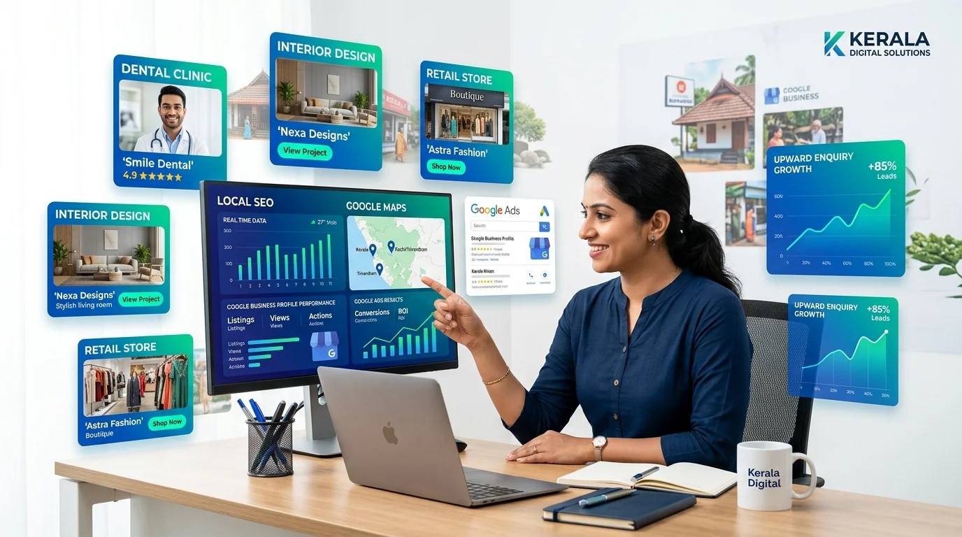 Digital marketing for small businesses — local shop with Google Maps pack ranking, Google Business Profile reviews, small-budget Google Ads enquiry dashboard and mobile-friendly service page
