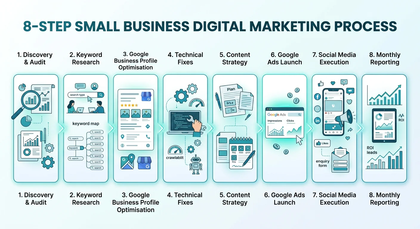 Small business digital marketing 8-step process — audit, keyword research, GMB setup, technical fixes, content, Google Ads launch, social media and monthly enquiry reporting